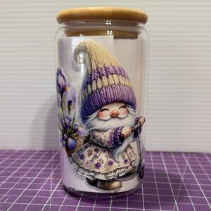 Whimsical Gnome Glass Tumbler with Knitted Hat